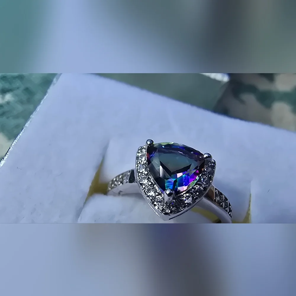 Mystic Topaz Rainbow Trilliant (Trillion) Cut 925 Sterling Silver Ring Pave